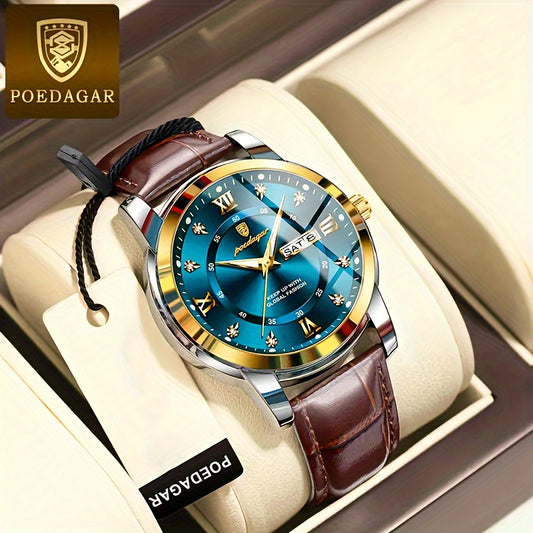 POEDAGAR Men's Business Casual Quartz Watch with Luminous Date Display, Green Dial & Golden-Tone Alloy Case - PU Leather Strap, Roman Numerals, Stylish Design for Casual Attire