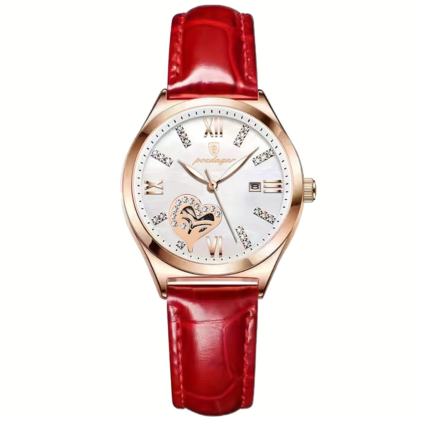 POEDAGAR Women's Elegant Quartz Watch with Luminous Hands,, Genuine PU Leather Strap, Rose Golden Case, Roman Numerals & Gemstone Accents - Stylish Casual Wear for Teens and Ladies