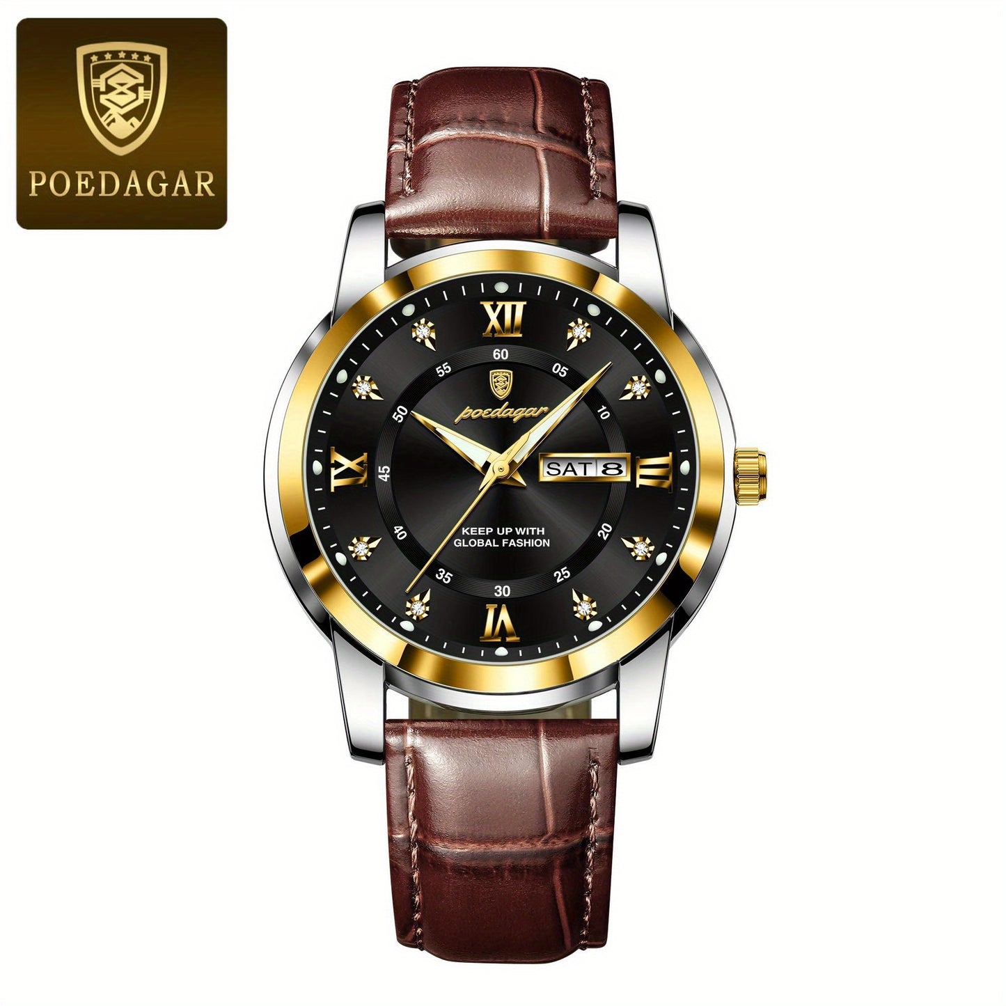 POEDAGAR Men's Business Casual Quartz Watch with Luminous Date Display, Green Dial & Golden-Tone Alloy Case - PU Leather Strap, Roman Numerals, Stylish Design for Casual Attire