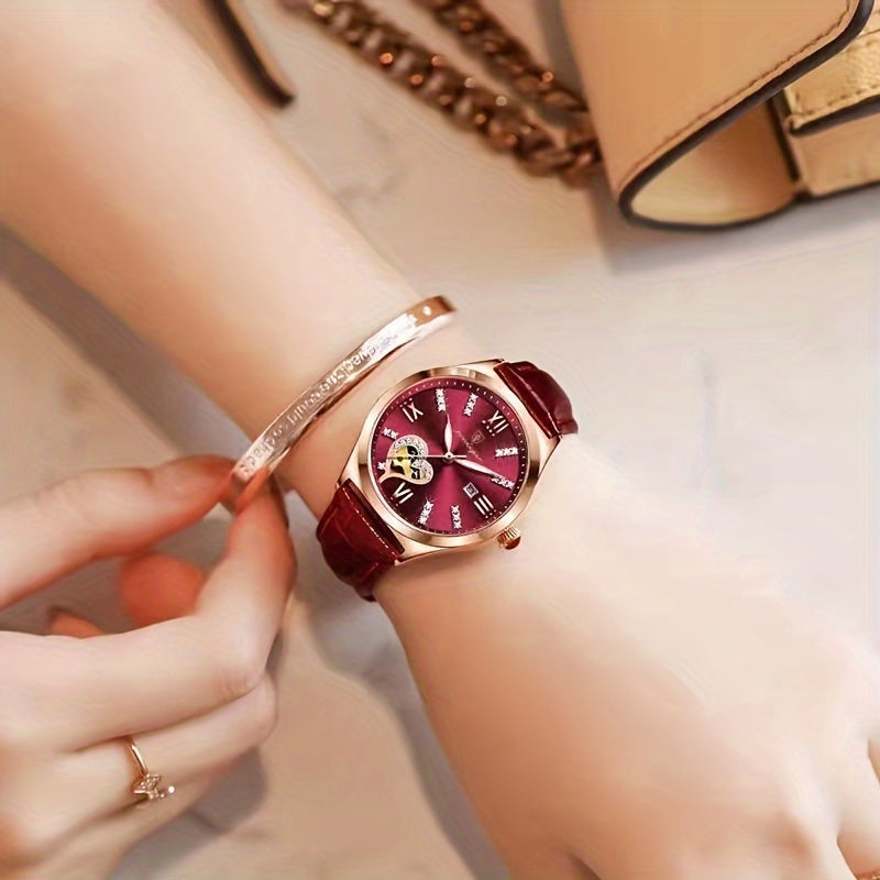 POEDAGAR Women's Elegant Quartz Watch with Luminous Hands,, Genuine PU Leather Strap, Rose Golden Case, Roman Numerals & Gemstone Accents - Stylish Casual Wear for Teens and Ladies