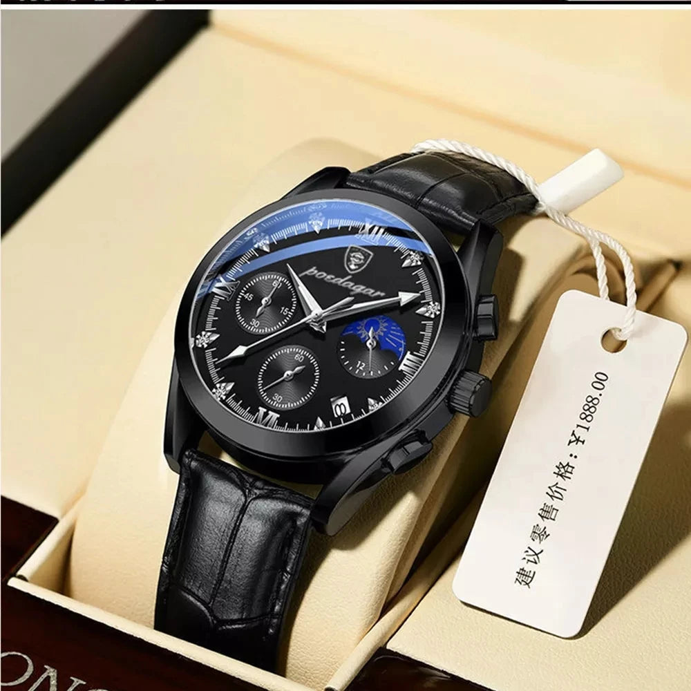 POEDAGAR Men Watch Top Brand Luxury Men's Wristwatch Leather Quartz Watches Sports Waterproof Male Clock Relogio Masculino+Box