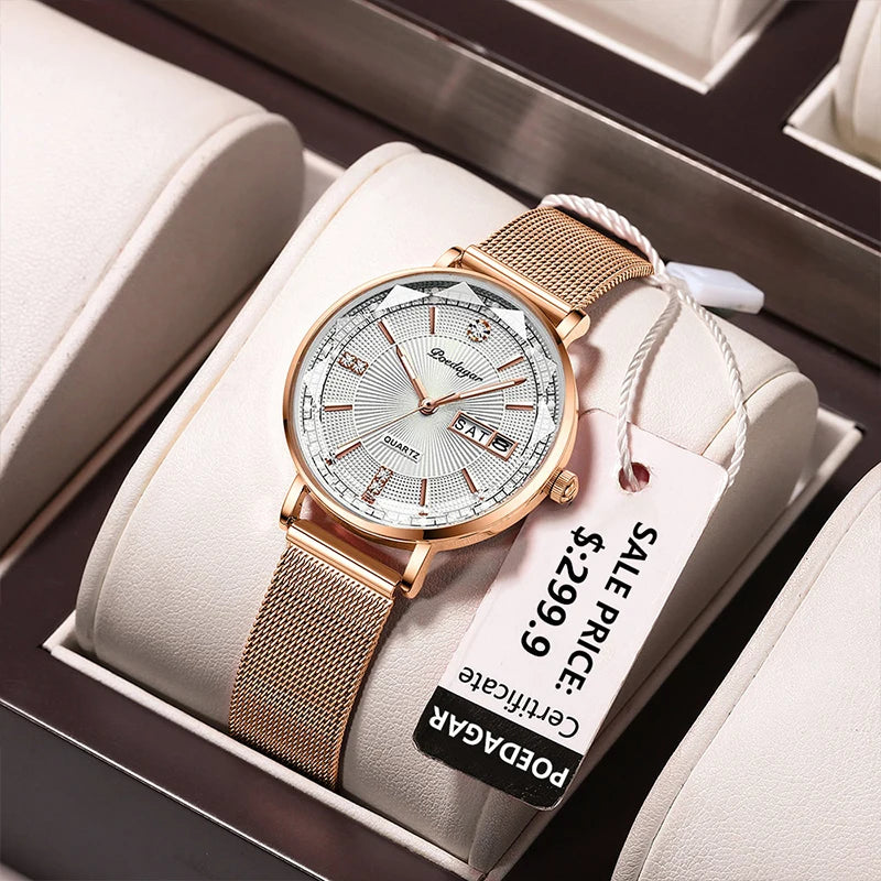 POEDAGAR New Arrival Women Brand Watch Fashion Diamond Dial Luxury Luminous Stainless Steel Ladies Quartz Watches Rose Gold 2023