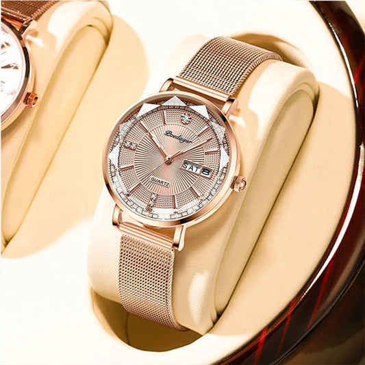 POEDAGAR New Arrival Women Brand Watch Fashion Diamond Dial Luxury Luminous Stainless Steel Ladies Quartz Watches Rose Gold 2023