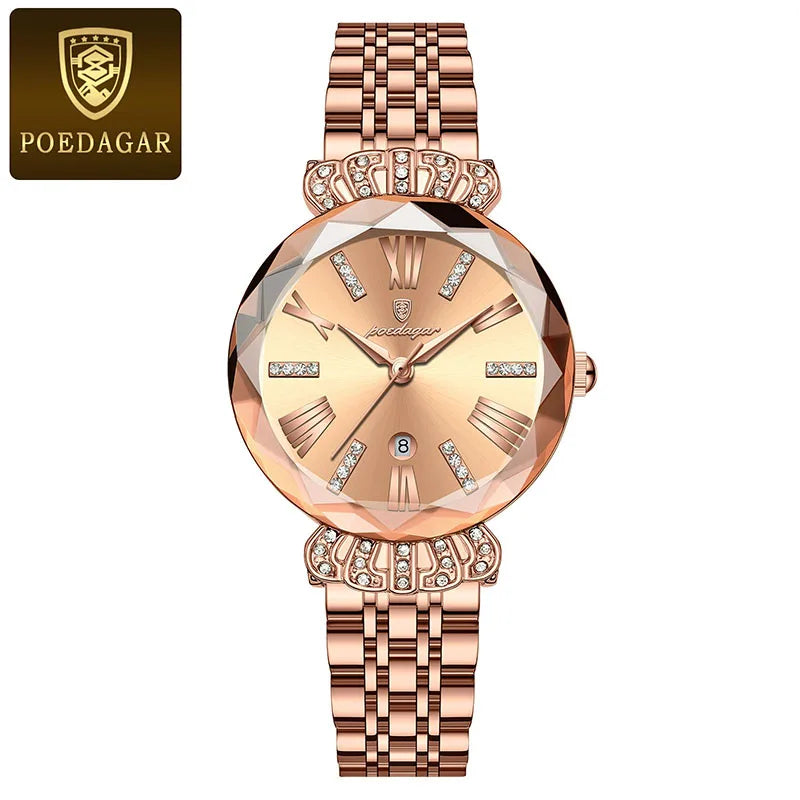 POEDAGAR Romantic Crystal Ladies Watches Top Brand Diamond Waterproof Women Watch Luxury Stainless Steel Female Clocks Rose Gold