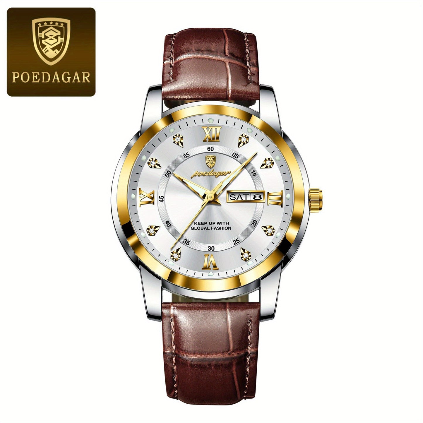 POEDAGAR Men's Business Casual Quartz Watch with Luminous Date Display, Green Dial & Golden-Tone Alloy Case - PU Leather Strap, Roman Numerals, Stylish Design for Casual Attire