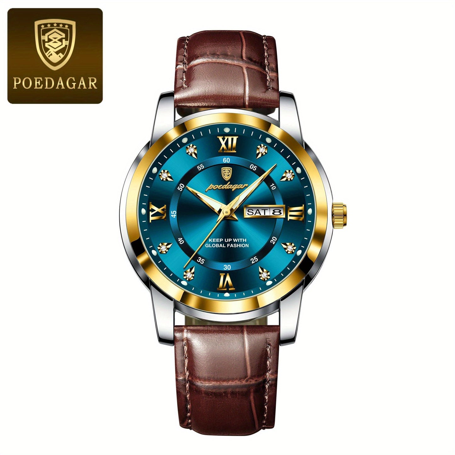 POEDAGAR Men's Business Casual Quartz Watch with Luminous Date Display, Green Dial & Golden-Tone Alloy Case - PU Leather Strap, Roman Numerals, Stylish Design for Casual Attire