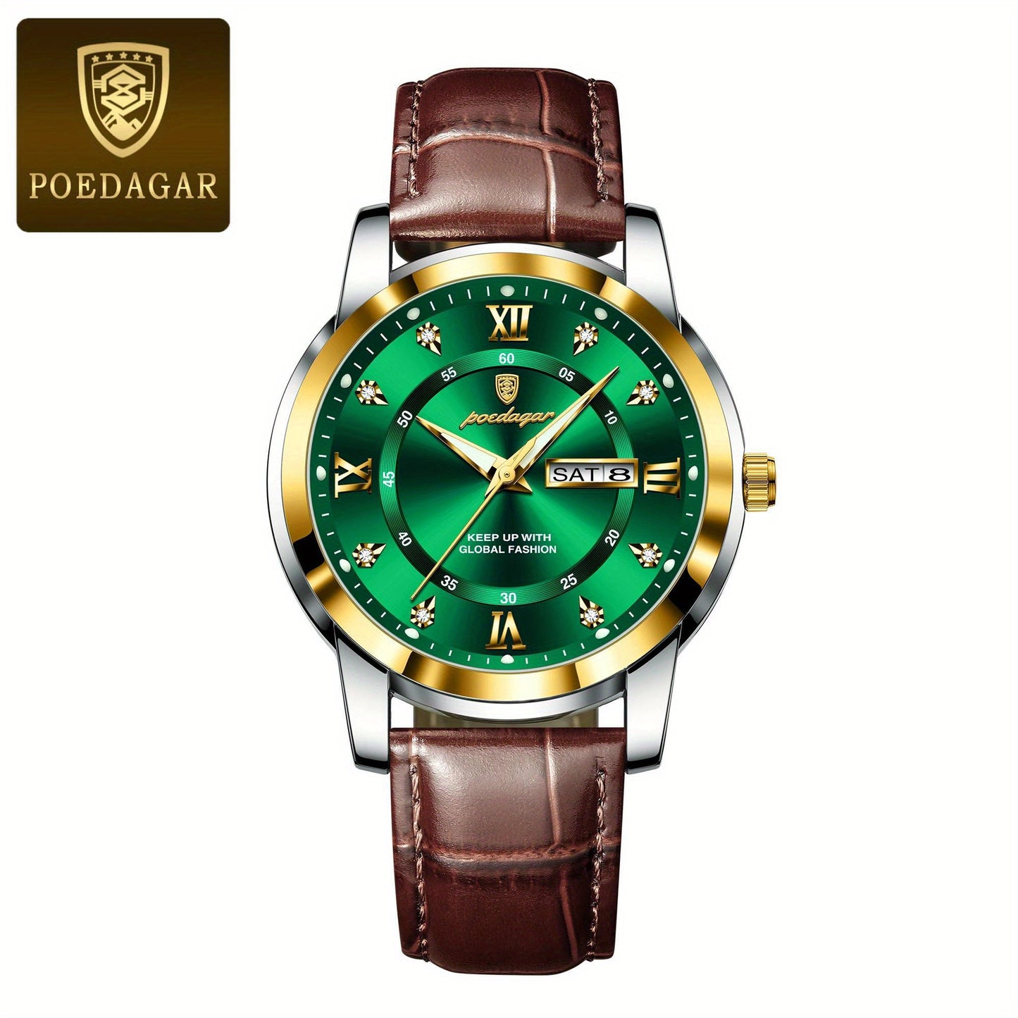 POEDAGAR Men's Business Casual Quartz Watch with Luminous Date Display, Green Dial & Golden-Tone Alloy Case - PU Leather Strap, Roman Numerals, Stylish Design for Casual Attire