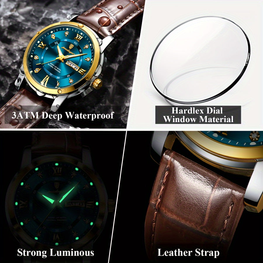 POEDAGAR Men's Business Casual Quartz Watch with Luminous Date Display, Green Dial & Golden-Tone Alloy Case - PU Leather Strap, Roman Numerals, Stylish Design for Casual Attire